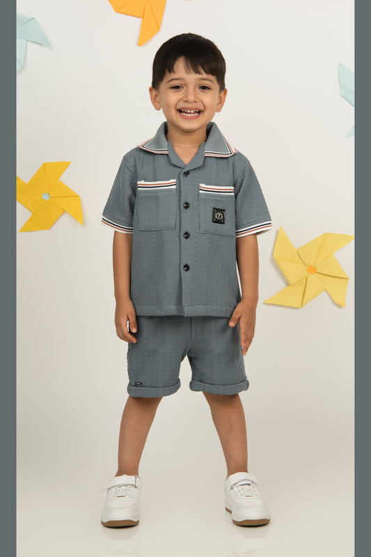 Blended Cotton Knitted Half Sleeves Solid Shirt with Shorts Coord Set- Blue