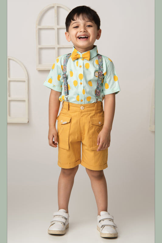 Boys Pure Cotton  Pineapple Printed Shirt  & Shorts Set with Suspender and Bow - Green