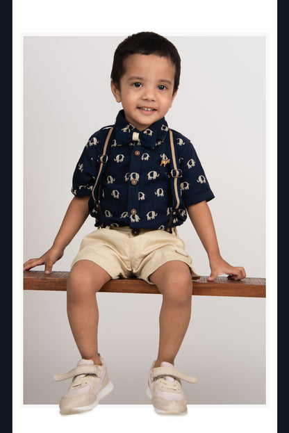 Organic Muslin Cotton Woven Half Sleeves Baby Elephant Print Shirt & Shorts With Suspender & Bow Set - Blue