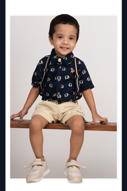 Organic Muslin Cotton Woven Half Sleeves Baby Elephant Print Shirt & Shorts With Suspender & Bow Set - Blue