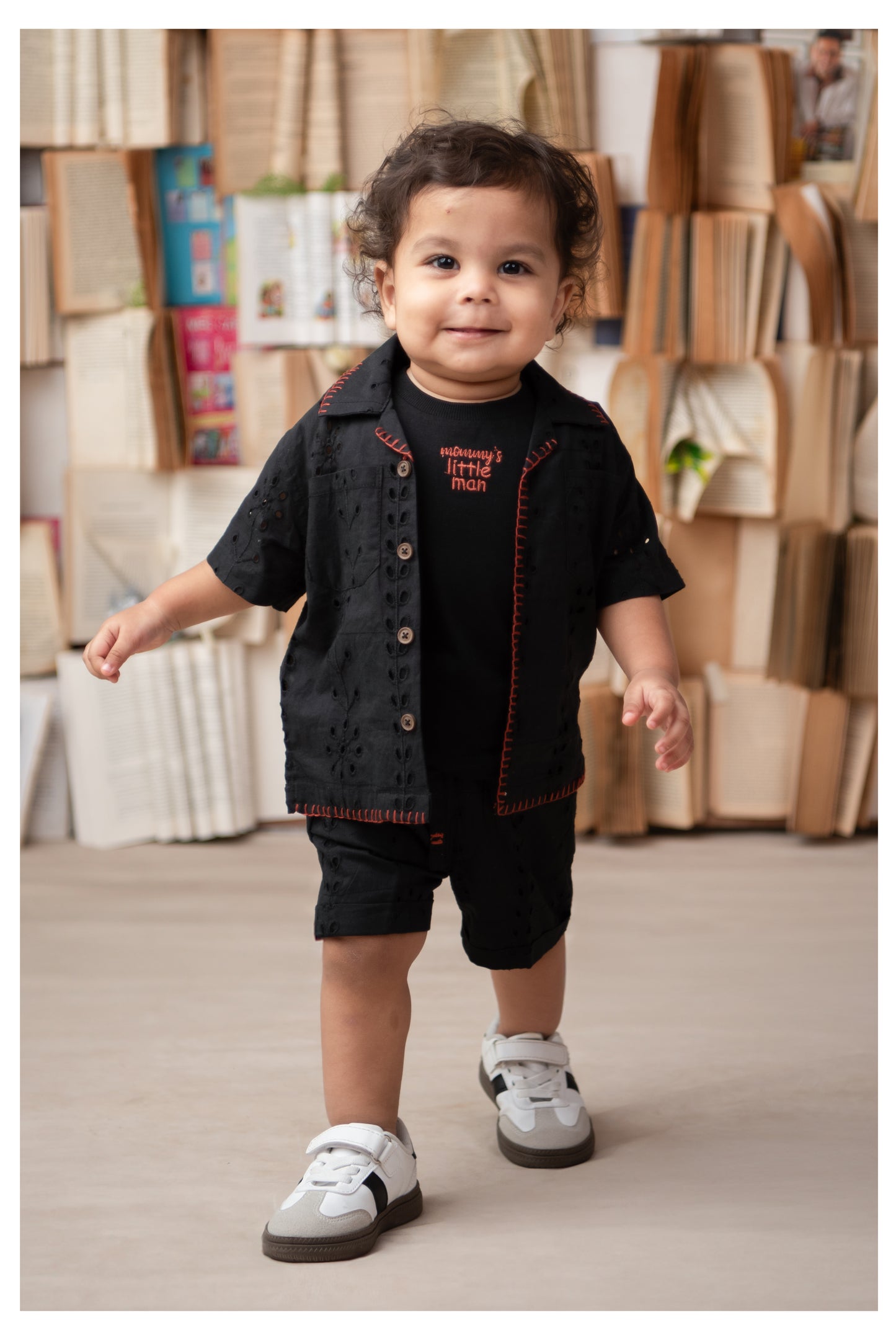Boys Casual Pure Cotton Schiffli Shirt & Shorts Set with Tshirt - Black