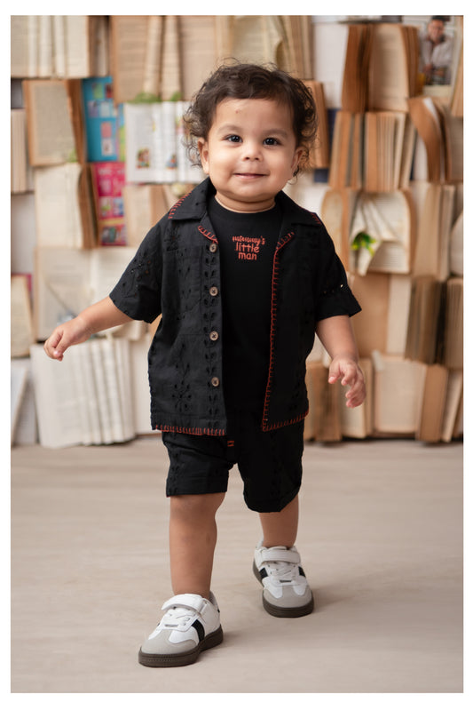 Boys Casual Pure Cotton Schiffli Shirt & Shorts Set with Tshirt - Black