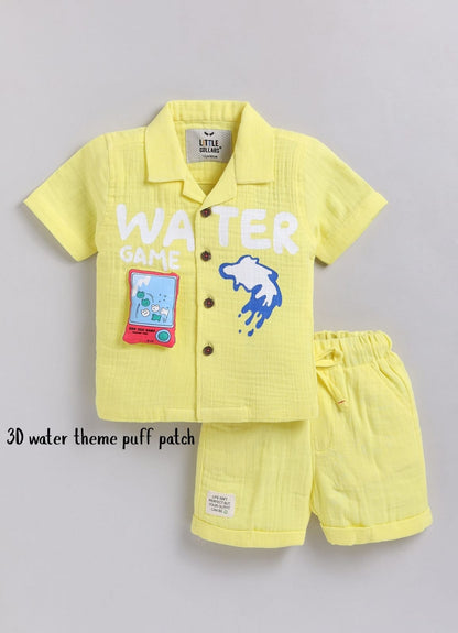 Boys Muslin Cotton Water Game Themed Shirt Pant Set- Lemon