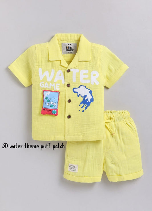 Boys Muslin Cotton Water Game Themed Shirt Pant Set- Lemon
