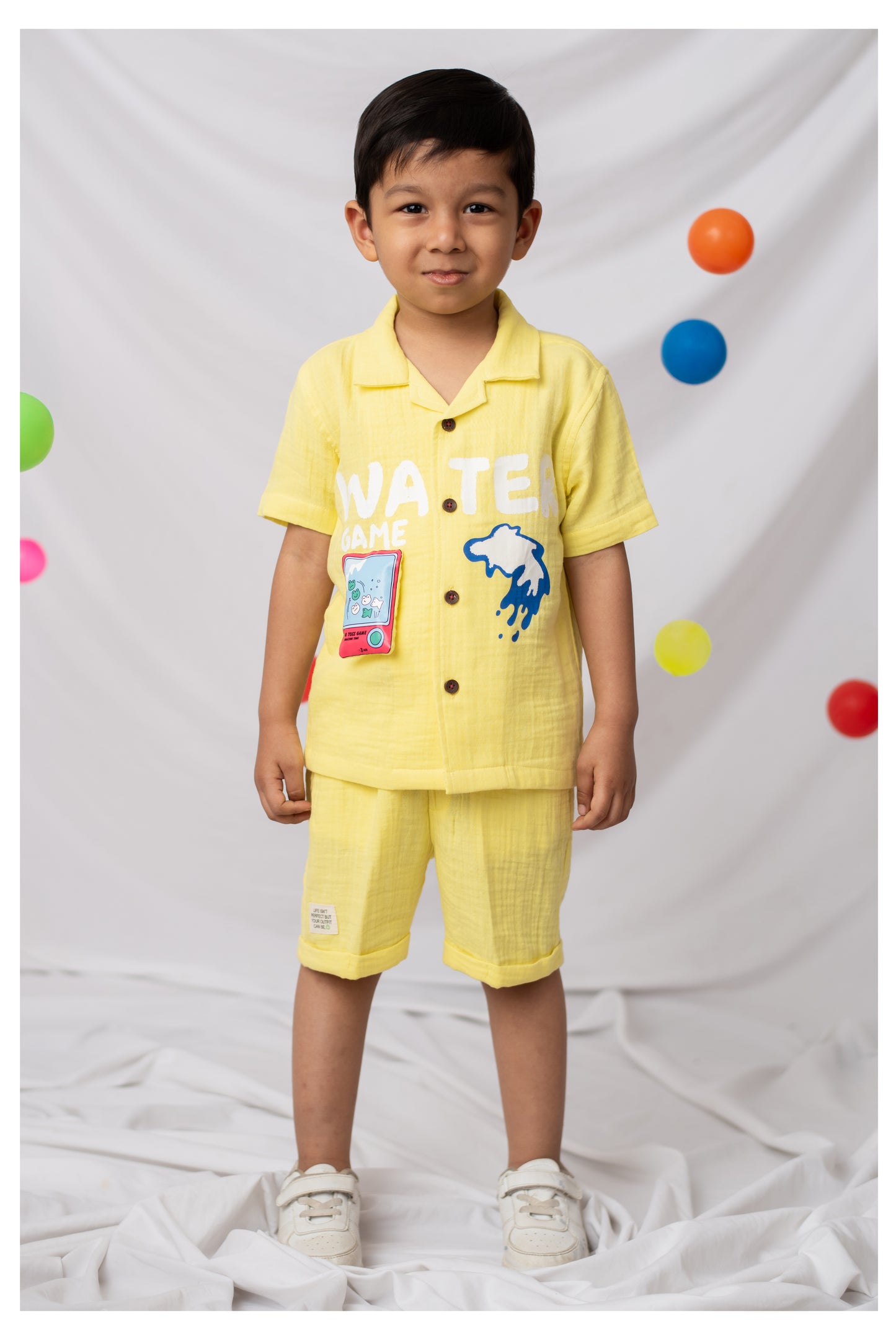 Boys Muslin Cotton Water Game Themed Shirt Pant Set- Lemon