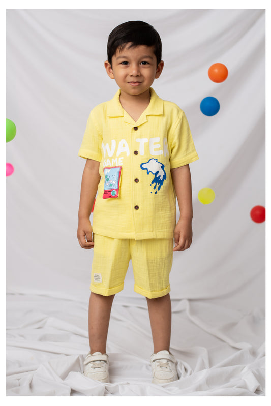 Boys Muslin Cotton Water Game Themed Shirt Pant Set- Lemon