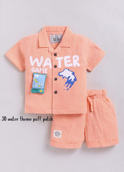 Boys Muslin Cotton Water Game Themed Shirt Pant Set- Orange