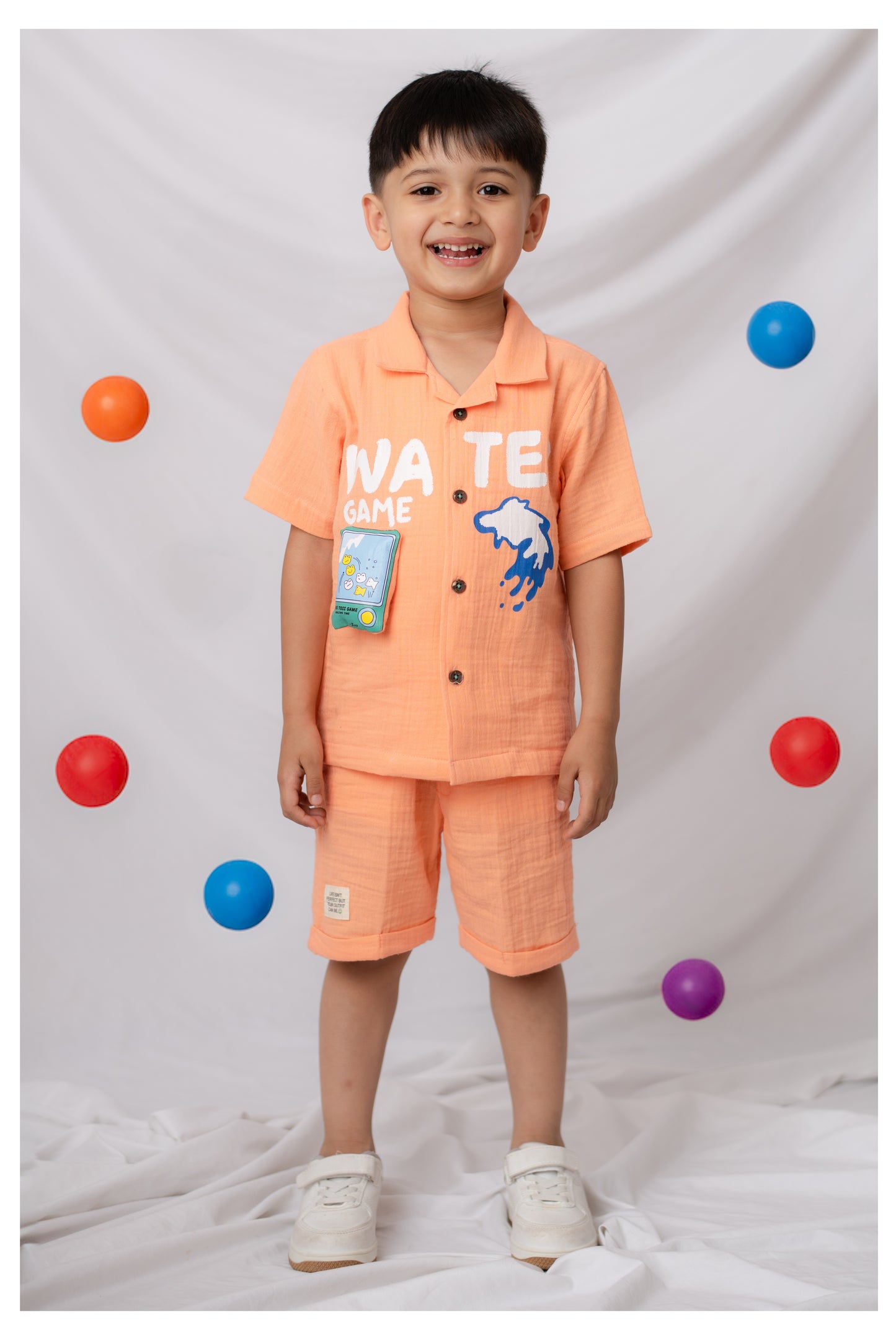 Boys Muslin Cotton Water Game Themed Shirt Pant Set- Orange