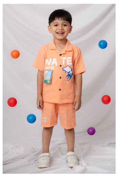 Boys Muslin Cotton Water Game Themed Shirt Pant Set- Orange