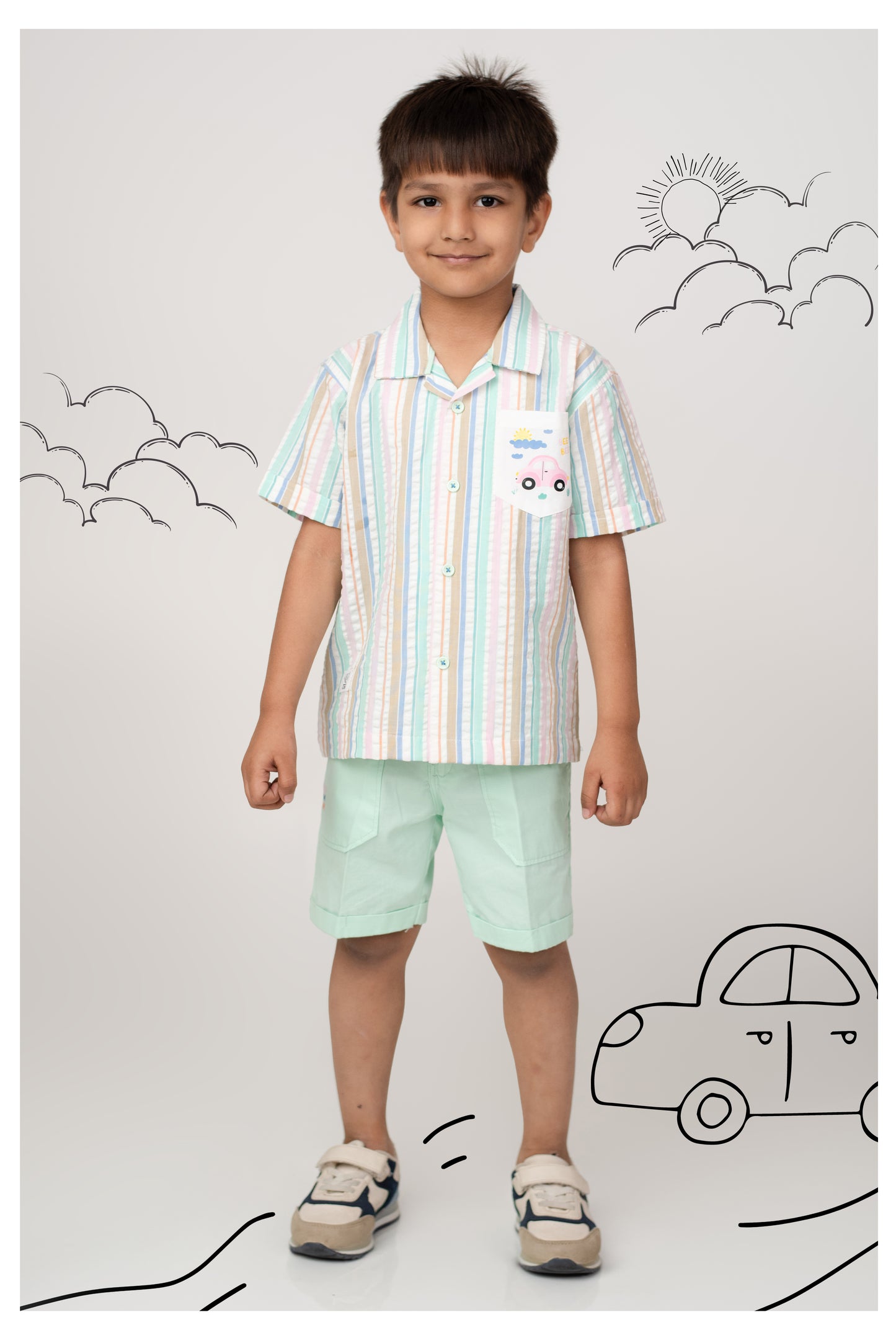 Boys Cotton Seer Sucker Striped Shirt with Patch Pocket Shorts Set - Mint