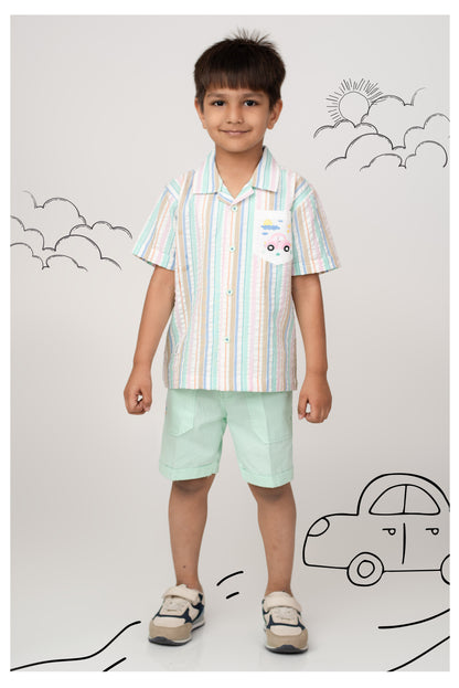 Boys Cotton Seer Sucker Striped Shirt with Patch Pocket Shorts Set - Mint