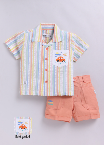 Boys Cotton Seer Sucker Striped Shirt with Patch Pocket Shorts Set - Peach