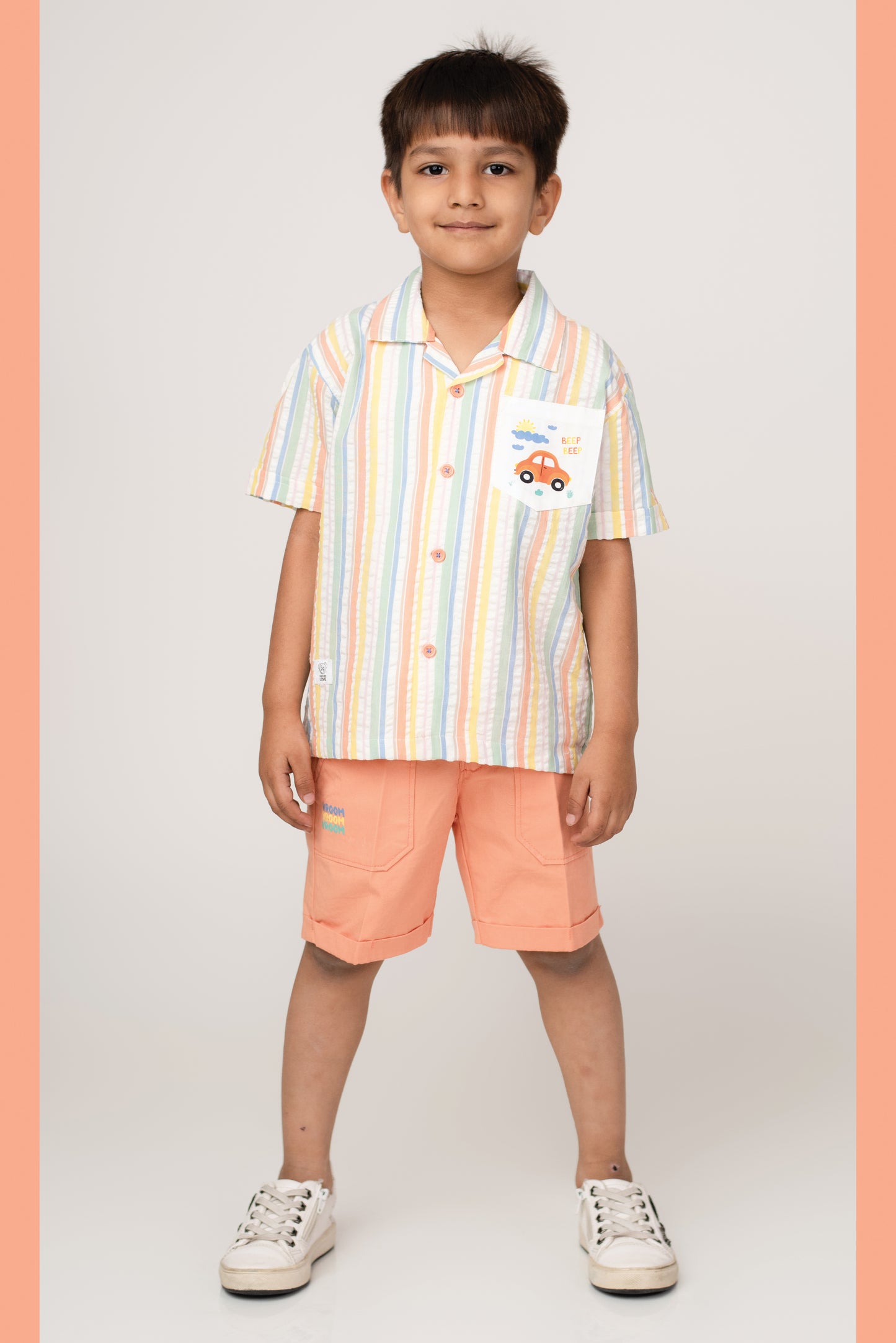 Boys Cotton Seer Sucker Striped Shirt with Patch Pocket Shorts Set - Peach