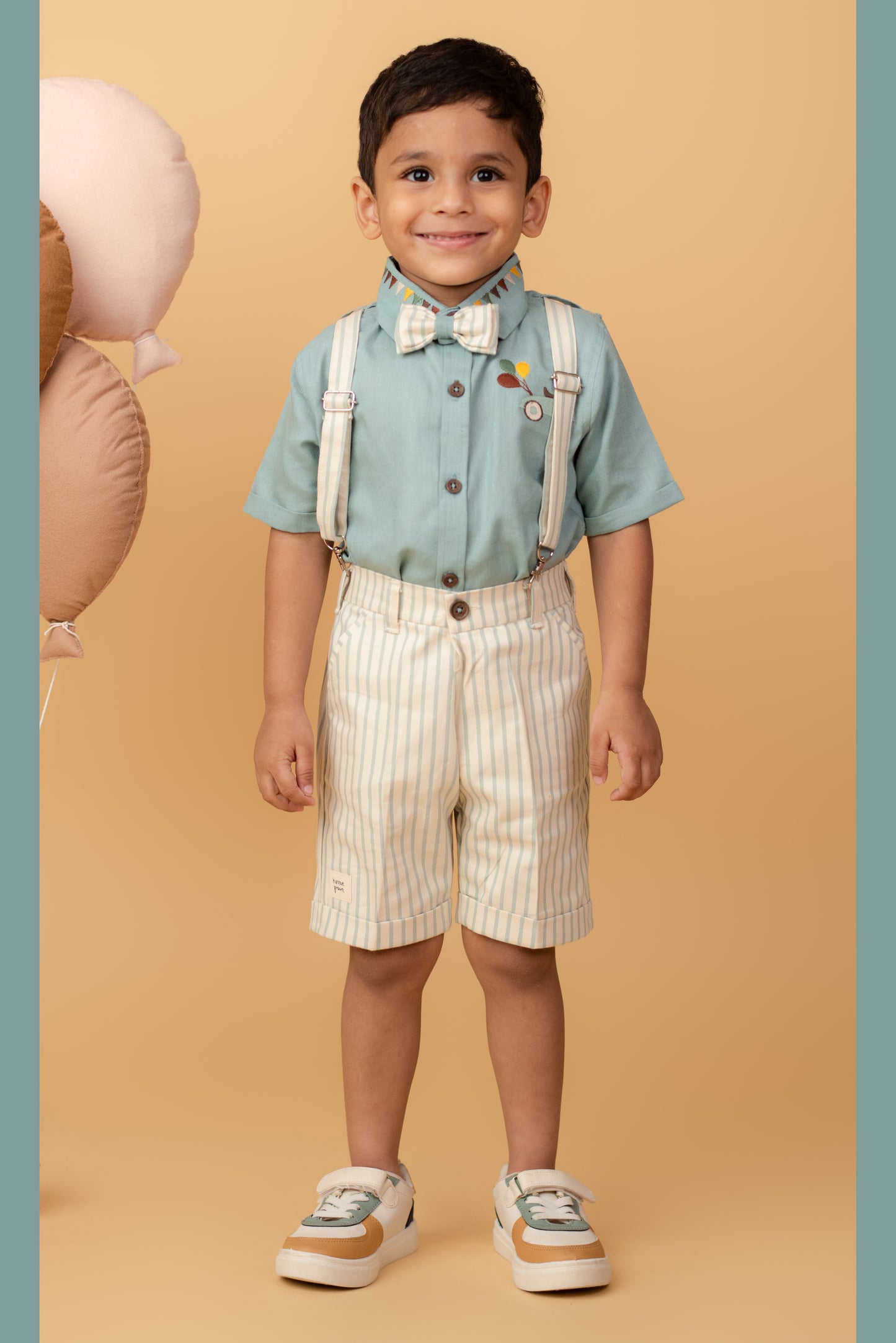Boys Carnival theme Embriodered Cotton Shirt, Shorts & Bow Suspender Set- Green