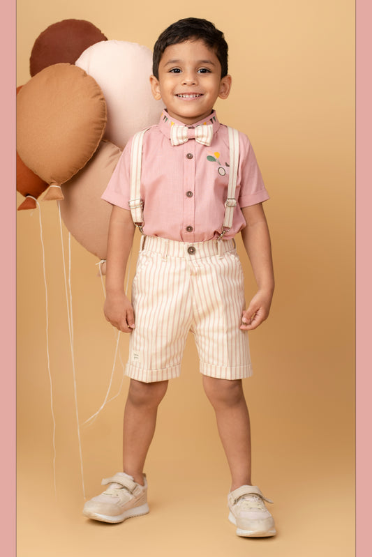 Boys Carnival theme Embriodered Cotton Shirt, Shorts & Bow Suspender Set- Pink
