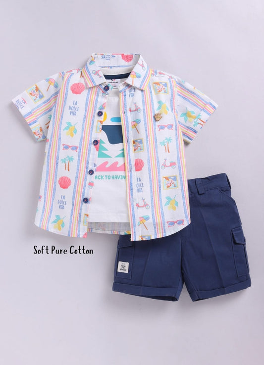 Cotton Summer Vibe Shirt, Printed T-Shirt, Short Pants Casual Set- Blue