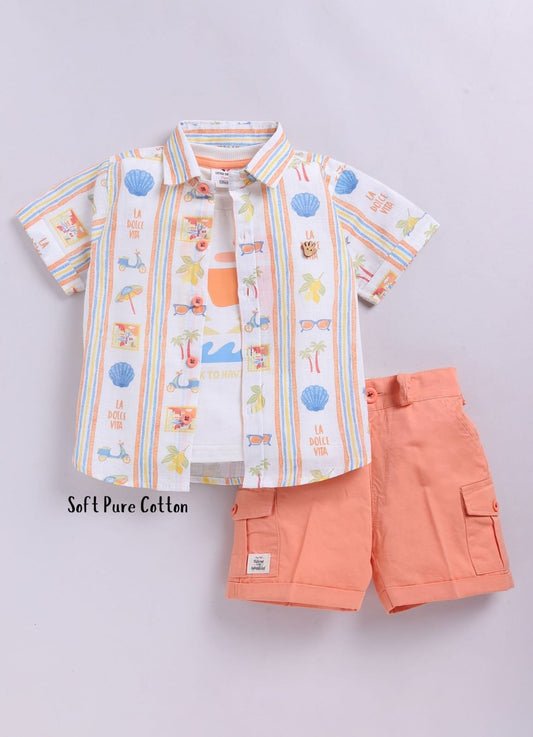 Cotton Summer Vibe Shirt, Printed T-Shirt, Short Pants Casual Set- Peach