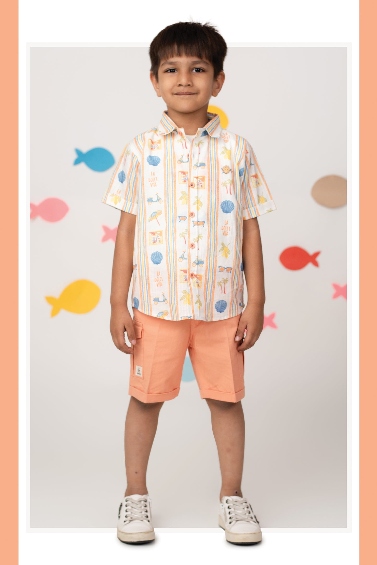 Cotton Summer Vibe Shirt, Printed T-Shirt, Short Pants Casual Set- Peach