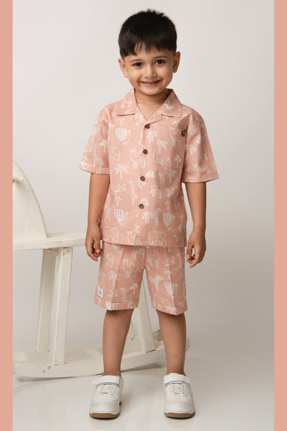 Boys Animal Printed Pure Cotton Shirt & Pant Set - Peach