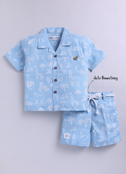 Boys Animal Printed Pure Cotton Shirt & Pant Set - Blue
