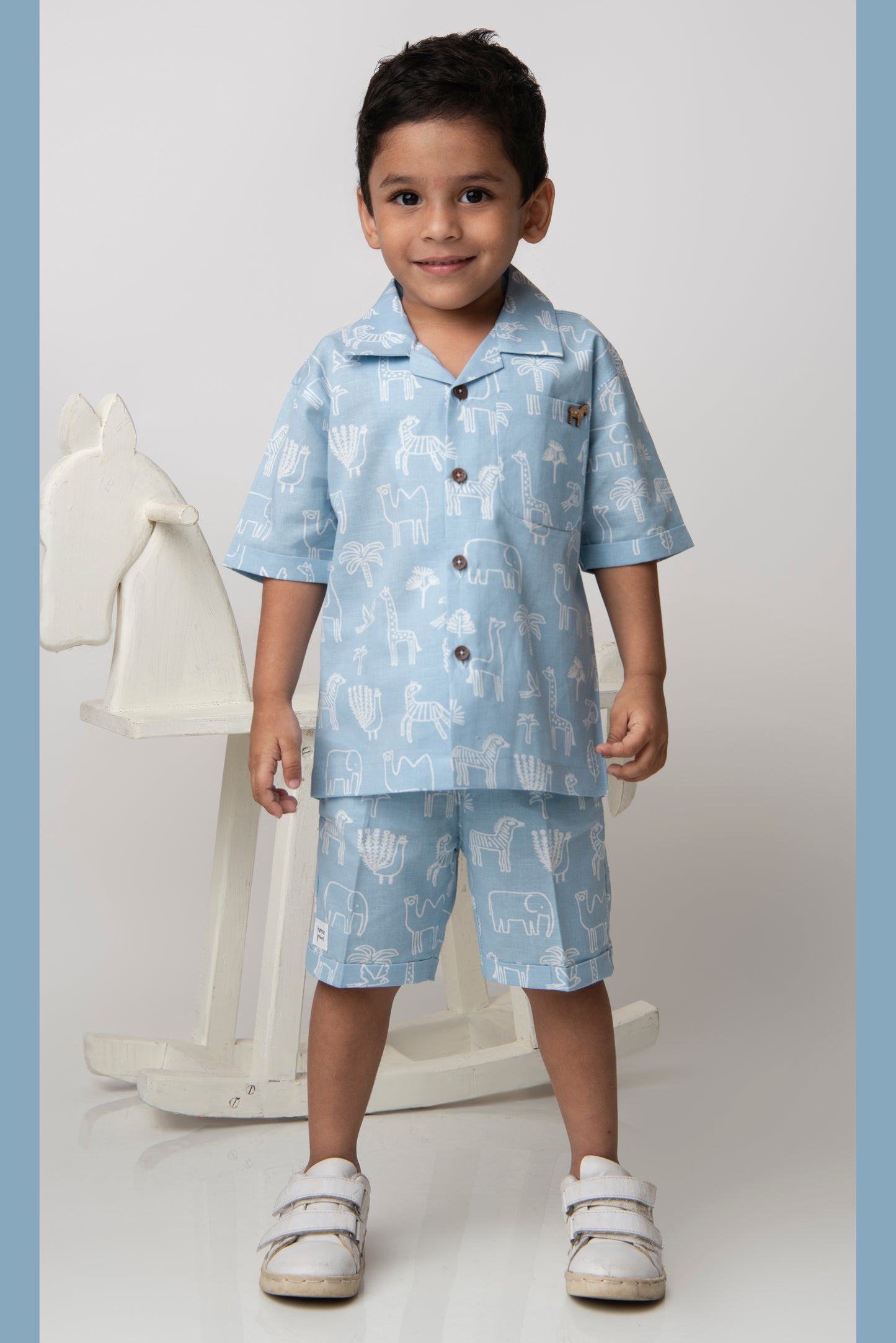 Boys Animal Printed Pure Cotton Shirt & Pant Set - Blue