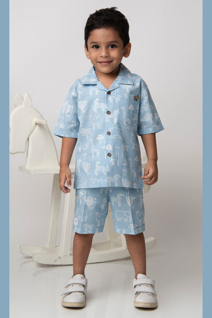 Boys Animal Printed Pure Cotton Shirt & Pant Set - Blue