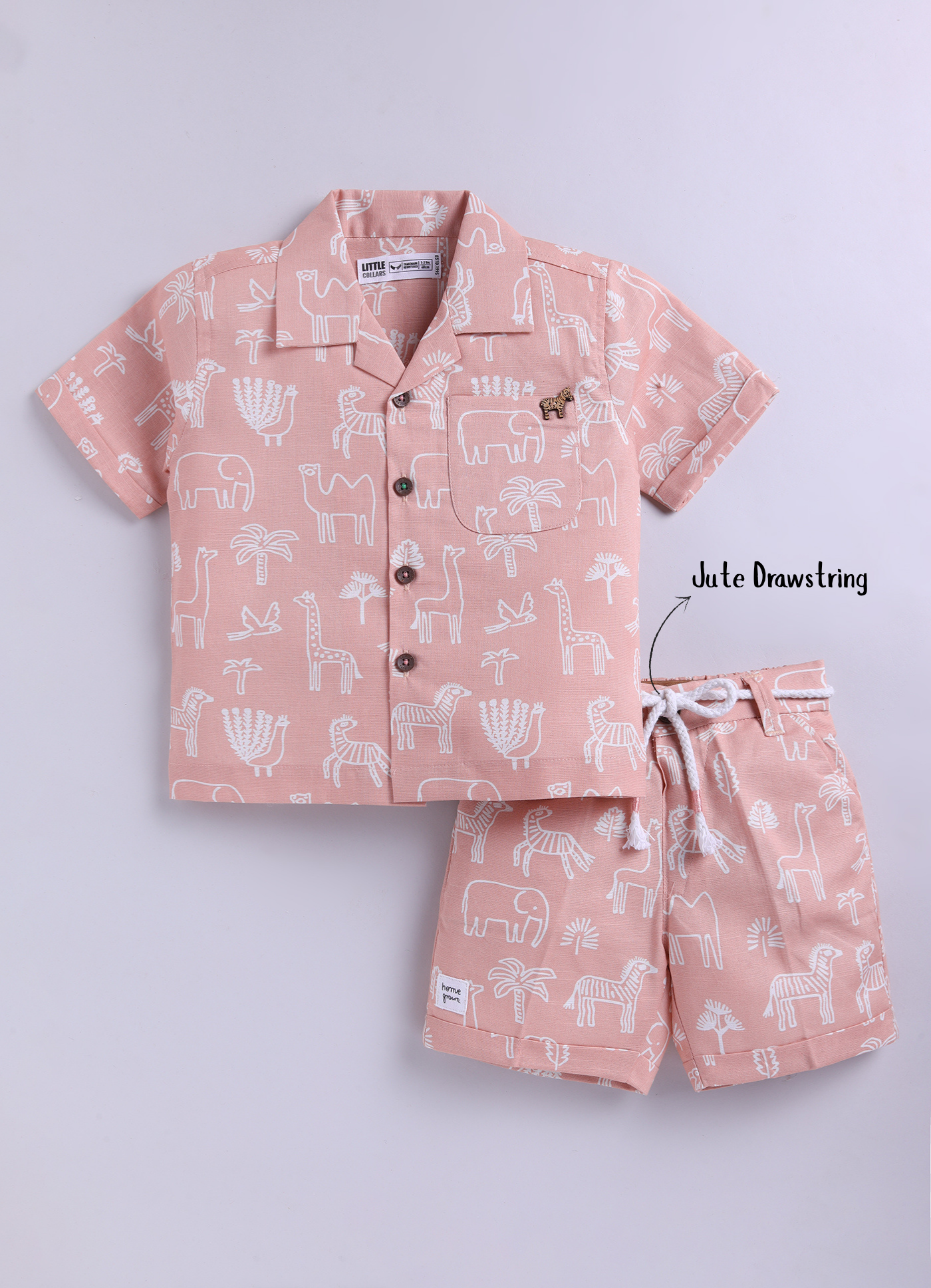 Boys Animal Printed Pure Cotton Shirt & Pant Set - Peach
