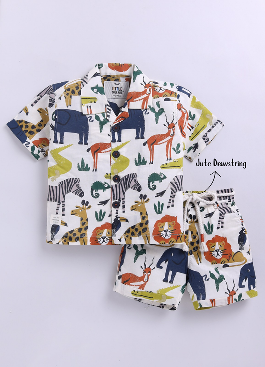 Boys Animal Printed Pure Cotton Shirt & Pant Set - Multi