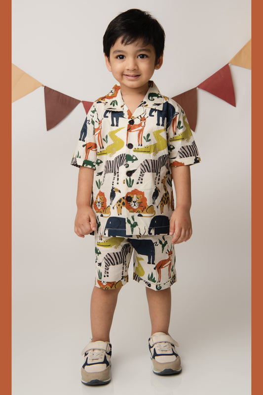 Boys Animal Printed Pure Cotton Shirt & Pant Set - Multi