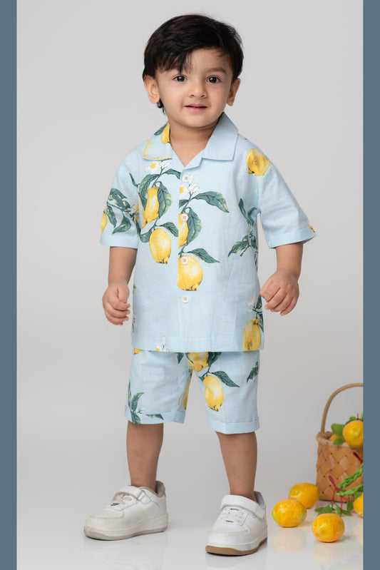 Boys Pure Cotton Lemon Printed Shirt  & Shorts Co-ord Set - Blue