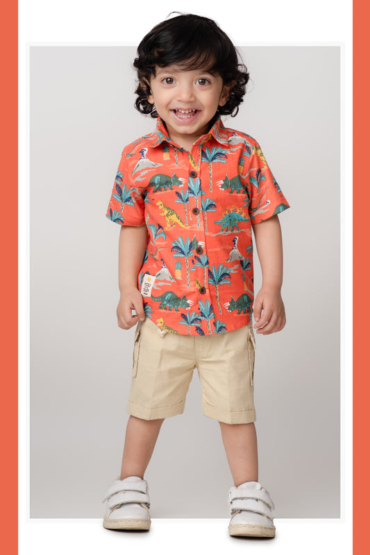 Pure Cotton Dinosaur World Printed Casual Shirt & Shorts Set - Orange