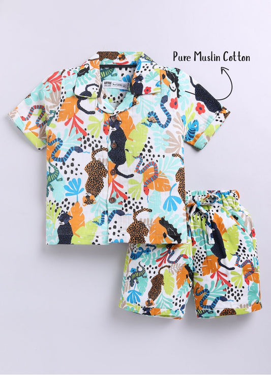 Boys Abstract Printed Muslin Cotton Shirt & Pant Coord Set - Multi