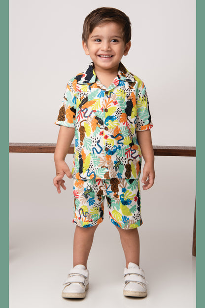 Boys Abstract Printed Muslin Cotton Shirt & Pant Coord Set - Multi