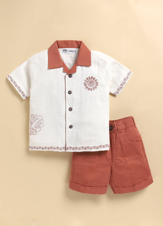 Boys Muslin Cotton Embroidered Shirt  & Shorts Set - Rust