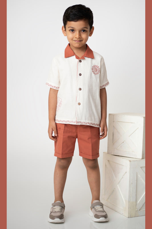 Boys Muslin Cotton Embroidered Shirt  & Shorts Set - Rust