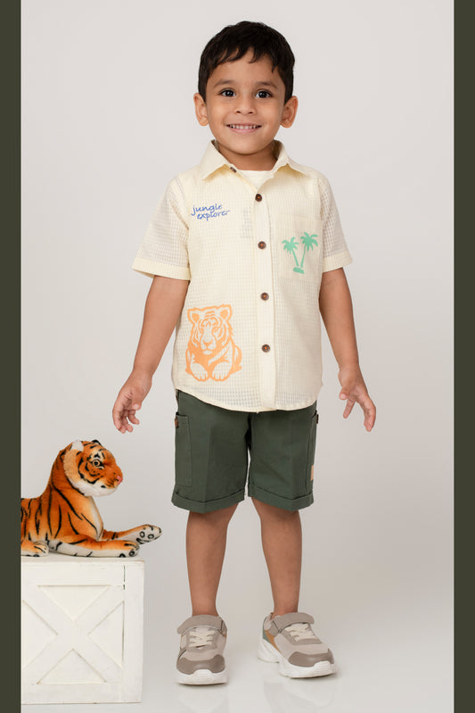 Boys Woven Cotton Tiger printed Shirt , T-Shirt, Shorts Casual Set- Cream