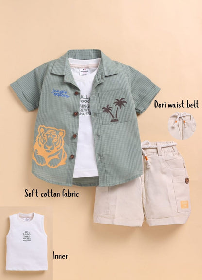 oys Woven Cotton Tiger printed Shirt , T-Shirt, Shorts Casual Set- Green