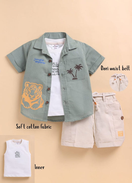 oys Woven Cotton Tiger printed Shirt , T-Shirt, Shorts Casual Set- Green