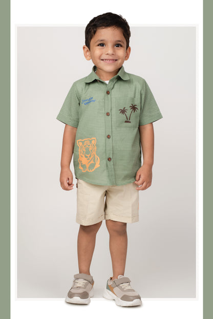oys Woven Cotton Tiger printed Shirt , T-Shirt, Shorts Casual Set- Green