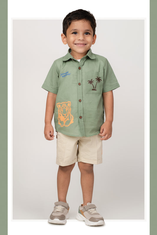oys Woven Cotton Tiger printed Shirt , T-Shirt, Shorts Casual Set- Green