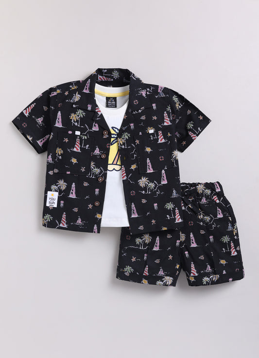 Boys Beach Printed Shirt  & Shorts Set - Black