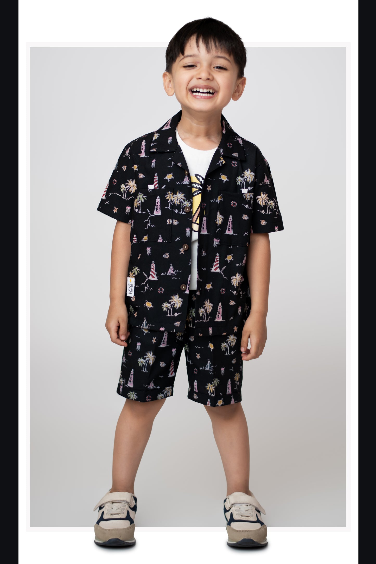Boys Beach Printed Shirt  & Shorts Set - Black