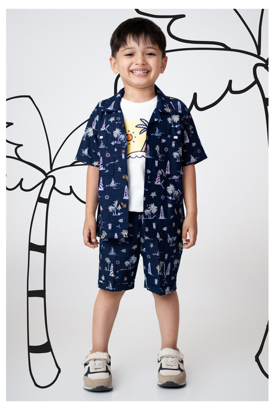 Boys Beach Printed Shirt & Shorts Set - Navy