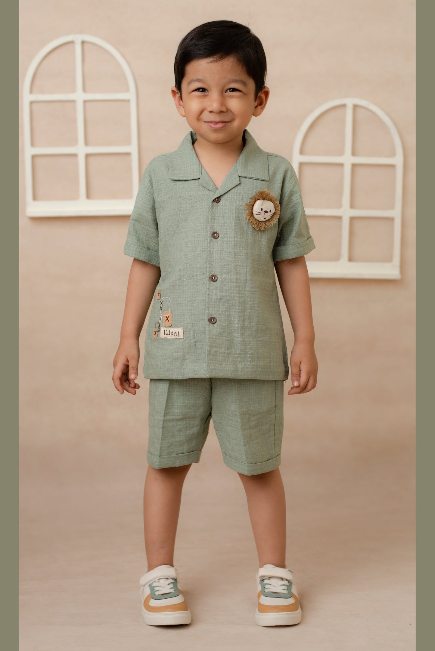 Boys Pure Muslin Cotton Stuffed Lion Casual Shirt & Shorts Coord Set - Green