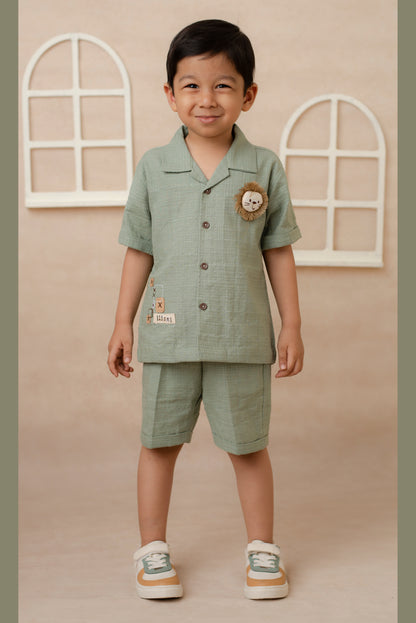 Boys Pure Muslin Cotton Stuffed Lion Casual Shirt & Shorts Coord Set - Green