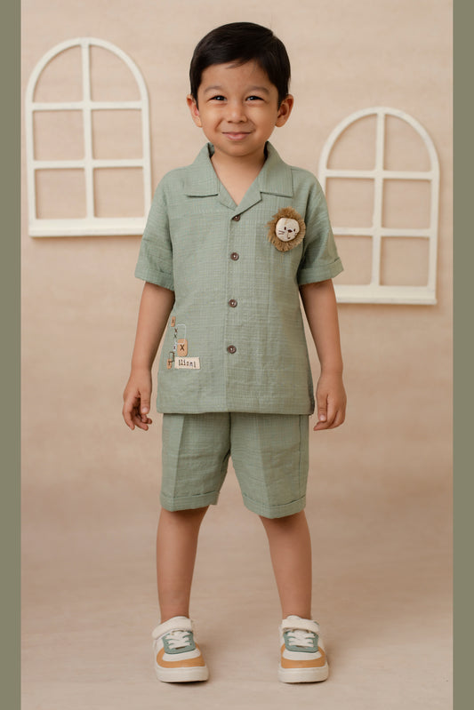 Boys Pure Muslin Cotton Stuffed Lion Casual Shirt & Shorts Coord Set - Green