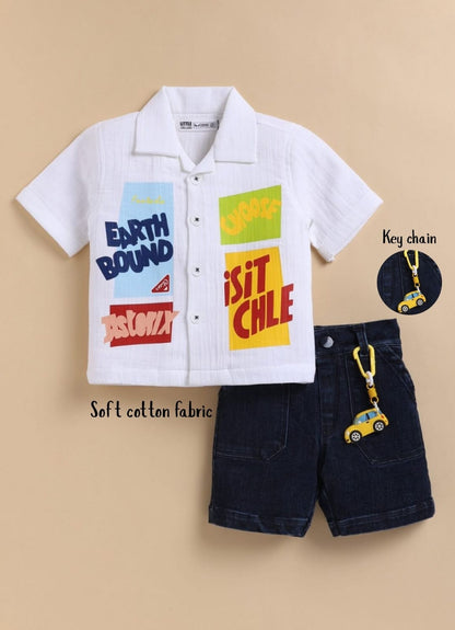Boys Pure Muslin Cotton Shirt Denim Pant Set- White