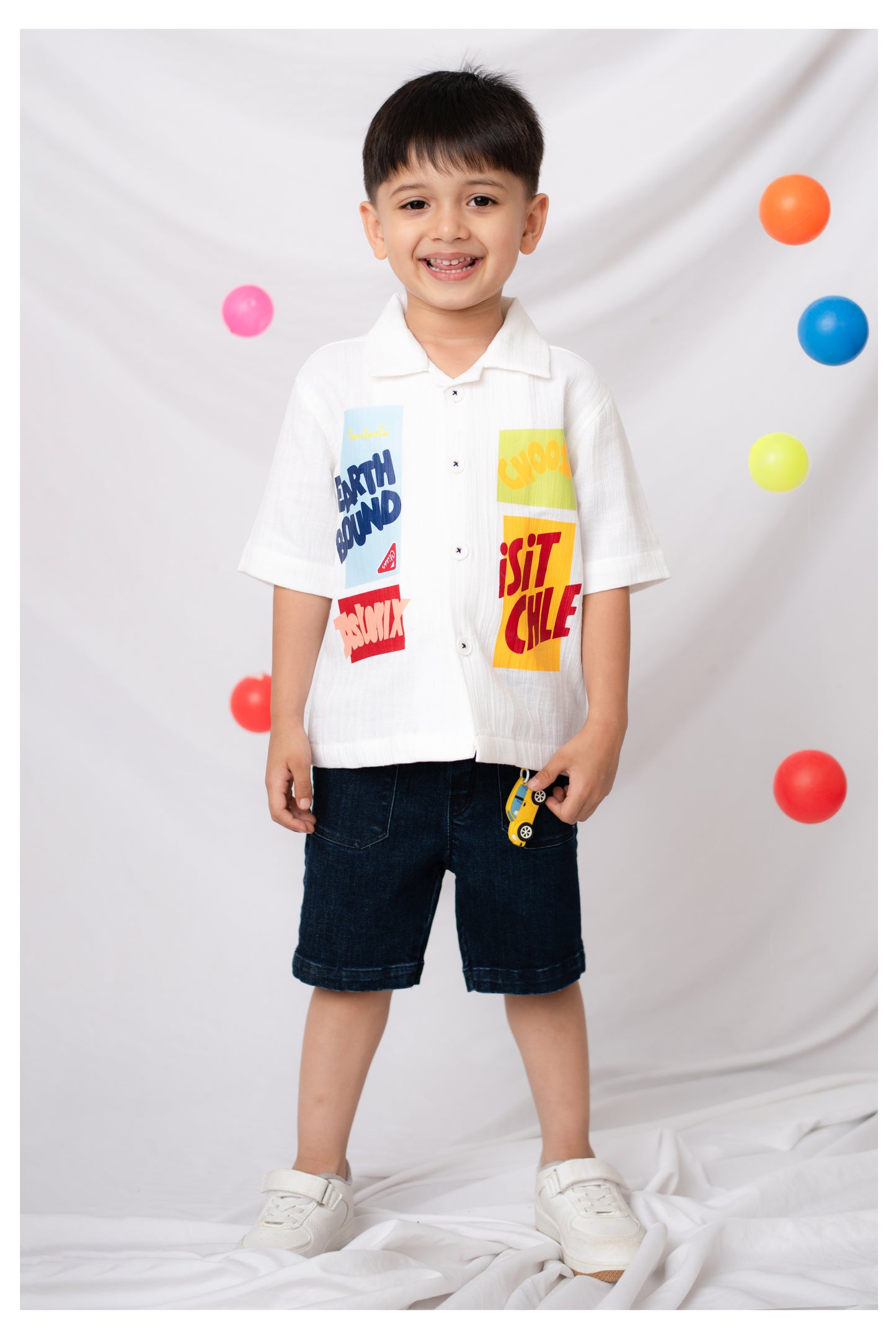 Boys Pure Muslin Cotton Shirt Denim Pant Set- White