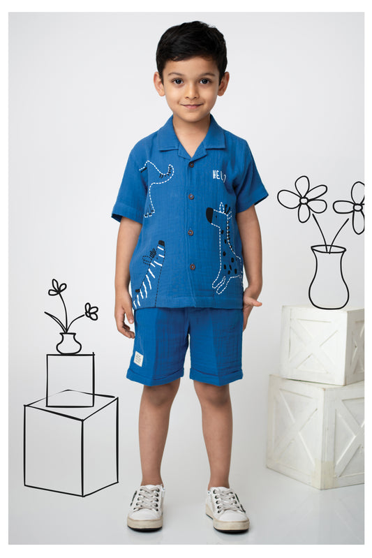 Boys Pure Muslin Cotton Animal World Printed Casual Shirt & Shorts Set - Blue