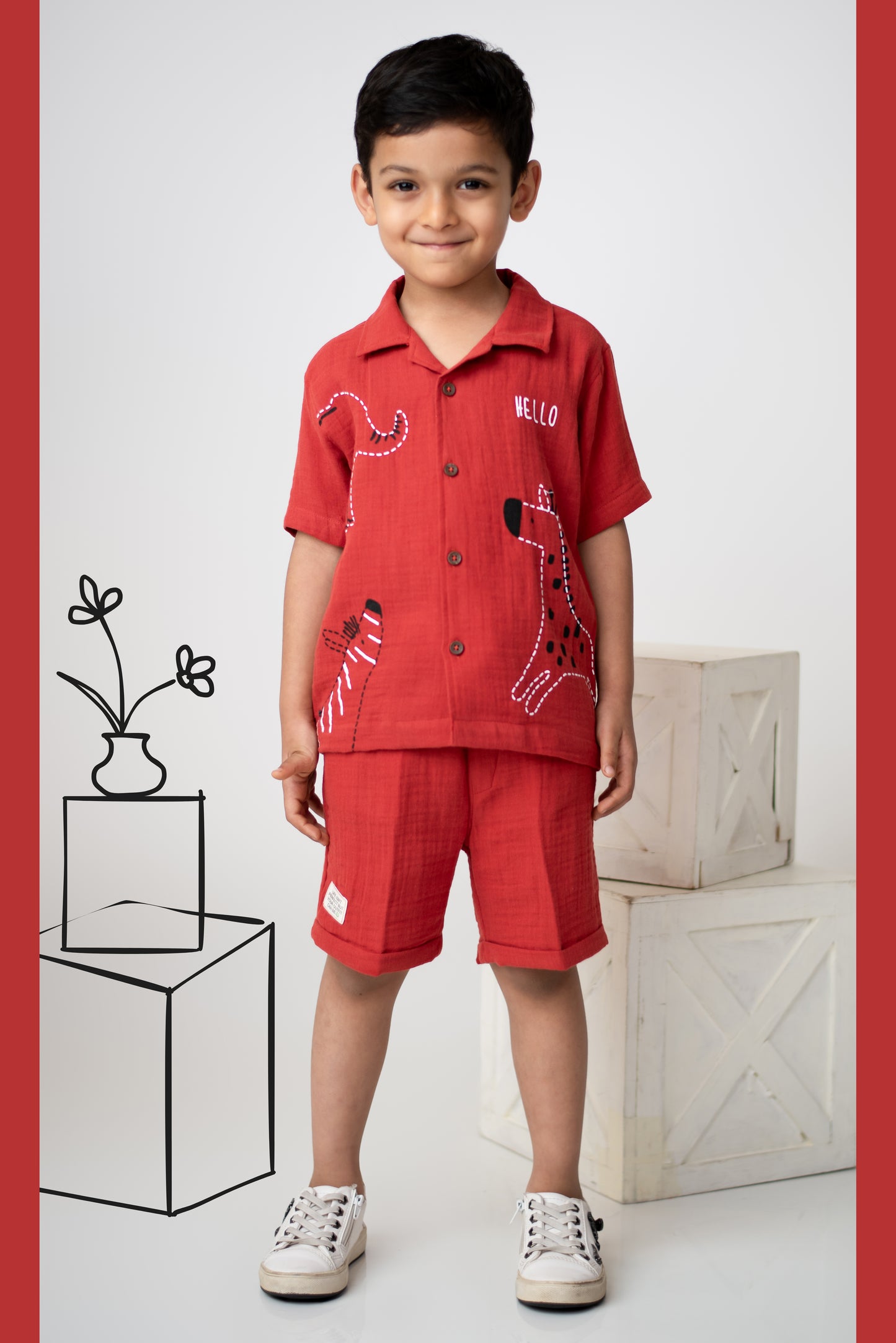 Boys Pure Muslin Cotton Animal World Casual Shirt & Shorts Set - Red